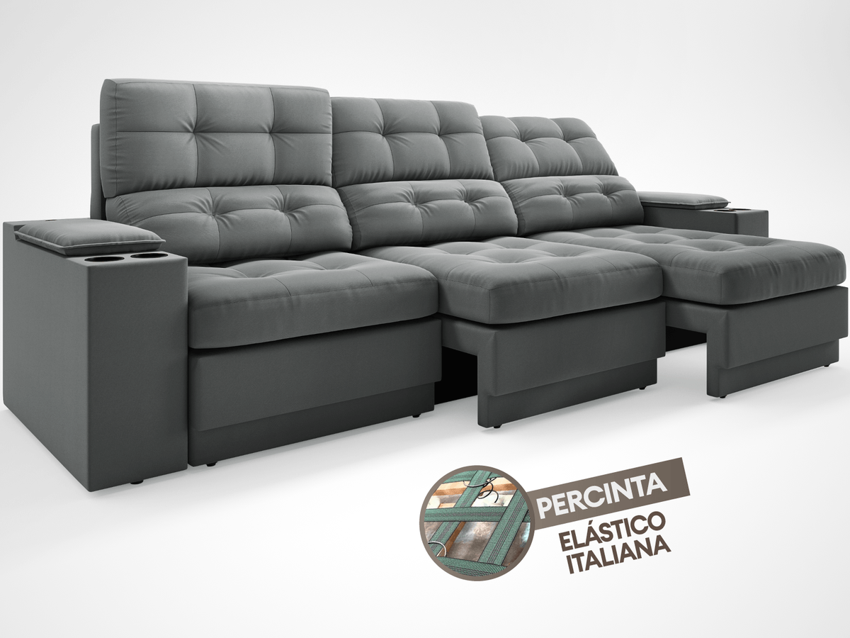 Sofá com Porta Copos e Carregador USB Eureka 2,30m Assento Retrátil e Reclinável Velosuede - Cor Grafite