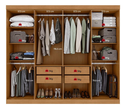 Guarda-roupa Casal Easy Slim 8 Portas Com Espelho Amendoa Clean/Off White