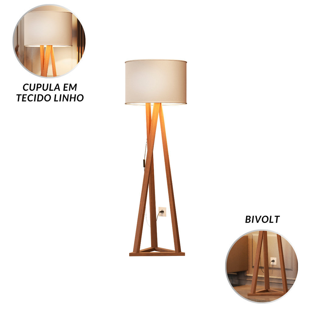 Luminária de Chão Tripé em Madeira com Cúpula Abajur Sala Quarto Escritório Moderna Elegante Decorativa
