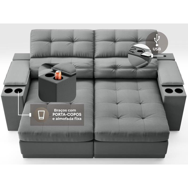Sofá com Porta Copos e Carregador USB Eureka 1,70m Assento Retrátil e Reclinável Velosuede Grafite - NETSOFAS