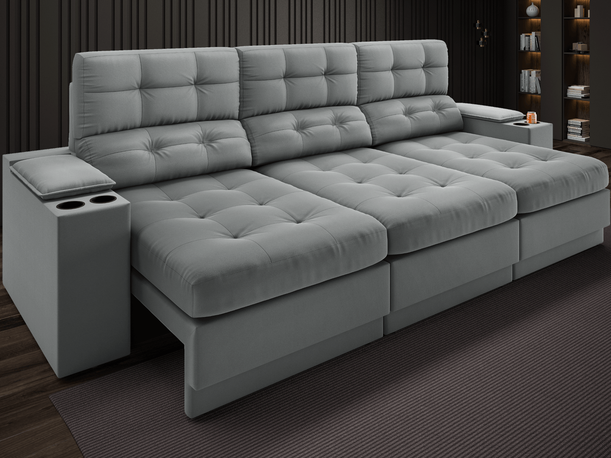 Sofá com Porta Copos e Carregador USB Eureka 2,30m Assento Retrátil e Reclinável Velosuede - Cor Grafite