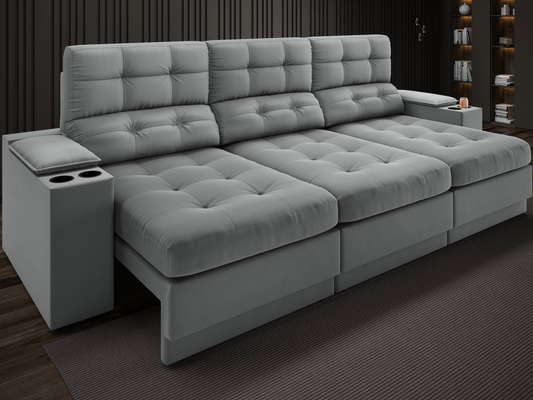 Sofá com Porta Copos e Carregador USB Eureka 2,30m Assento Retrátil e Reclinável Velosuede - Cor Grafite