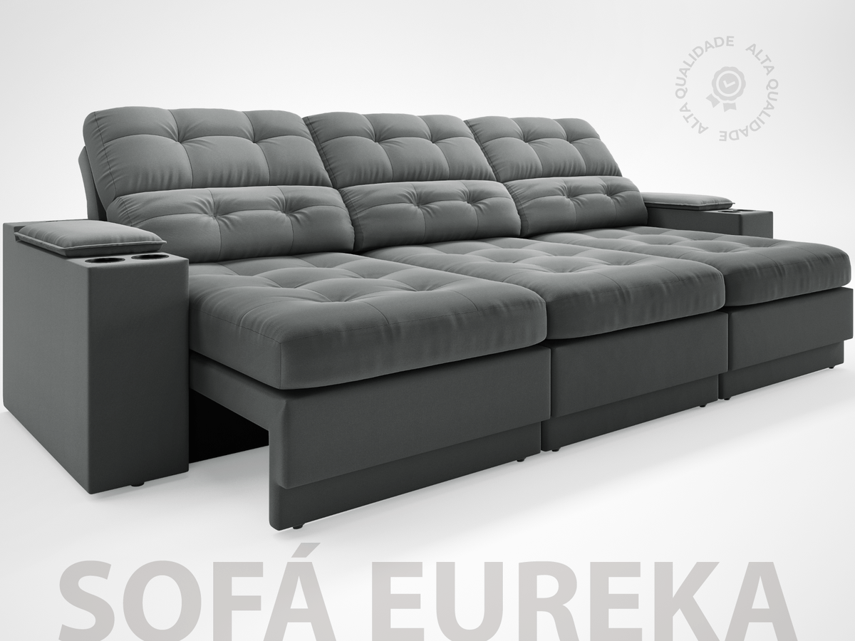 Sofá com Porta Copos e Carregador USB Eureka 2,30m Assento Retrátil e Reclinável Velosuede - Cor Grafite