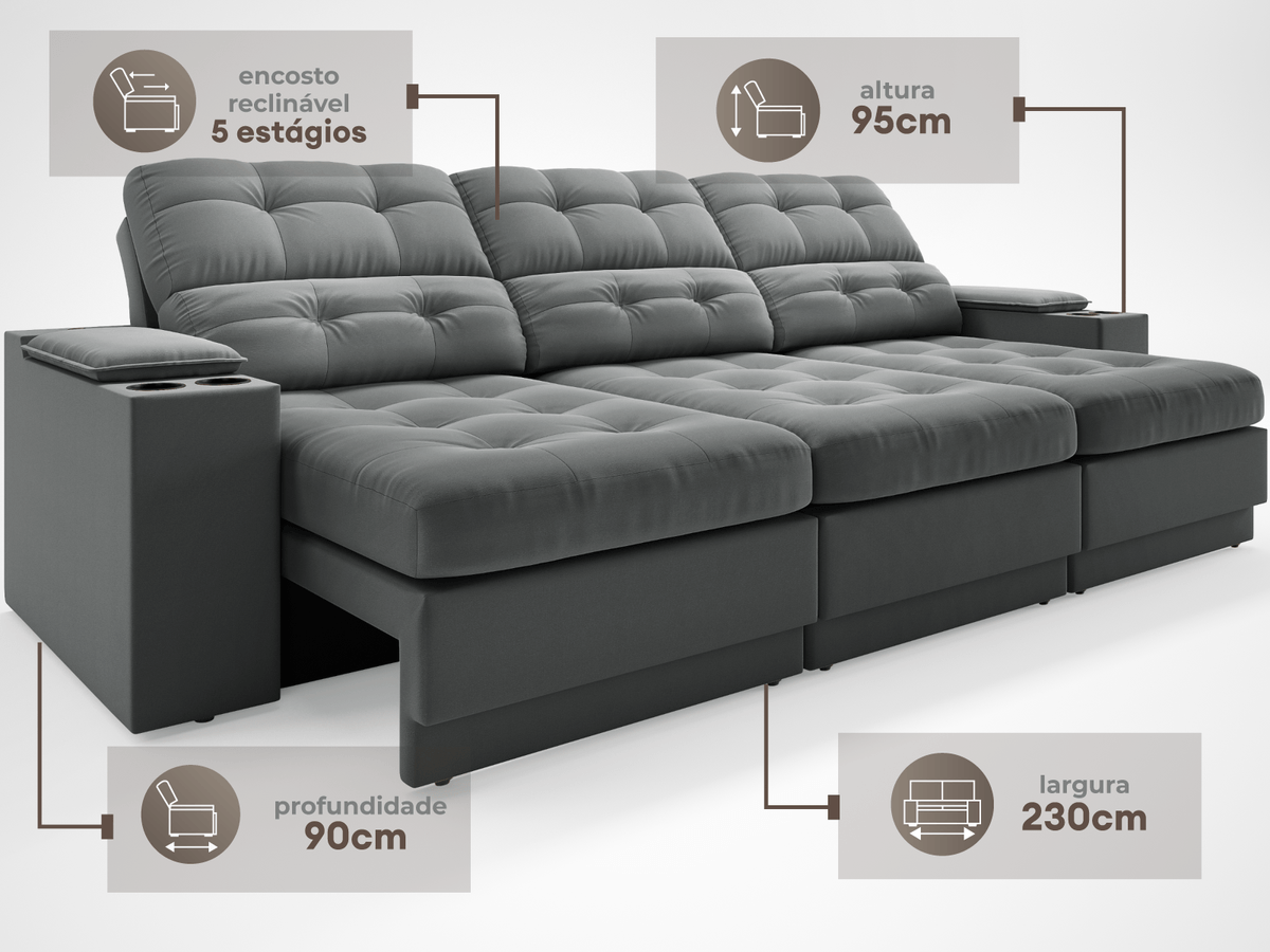 Sofá com Porta Copos e Carregador USB Eureka 2,30m Assento Retrátil e Reclinável Velosuede - Cor Grafite