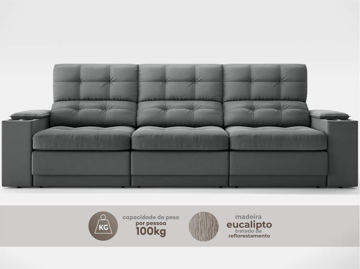 Sofá com Porta Copos e Carregador USB Eureka 2,30m Assento Retrátil e Reclinável Velosuede - Cor Grafite