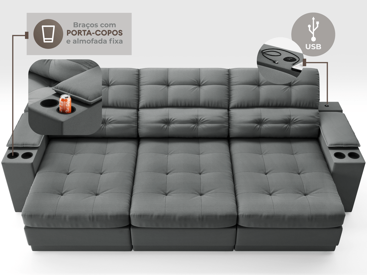 Sofá com Porta Copos e Carregador USB Eureka 2,30m Assento Retrátil e Reclinável Velosuede - Cor Grafite