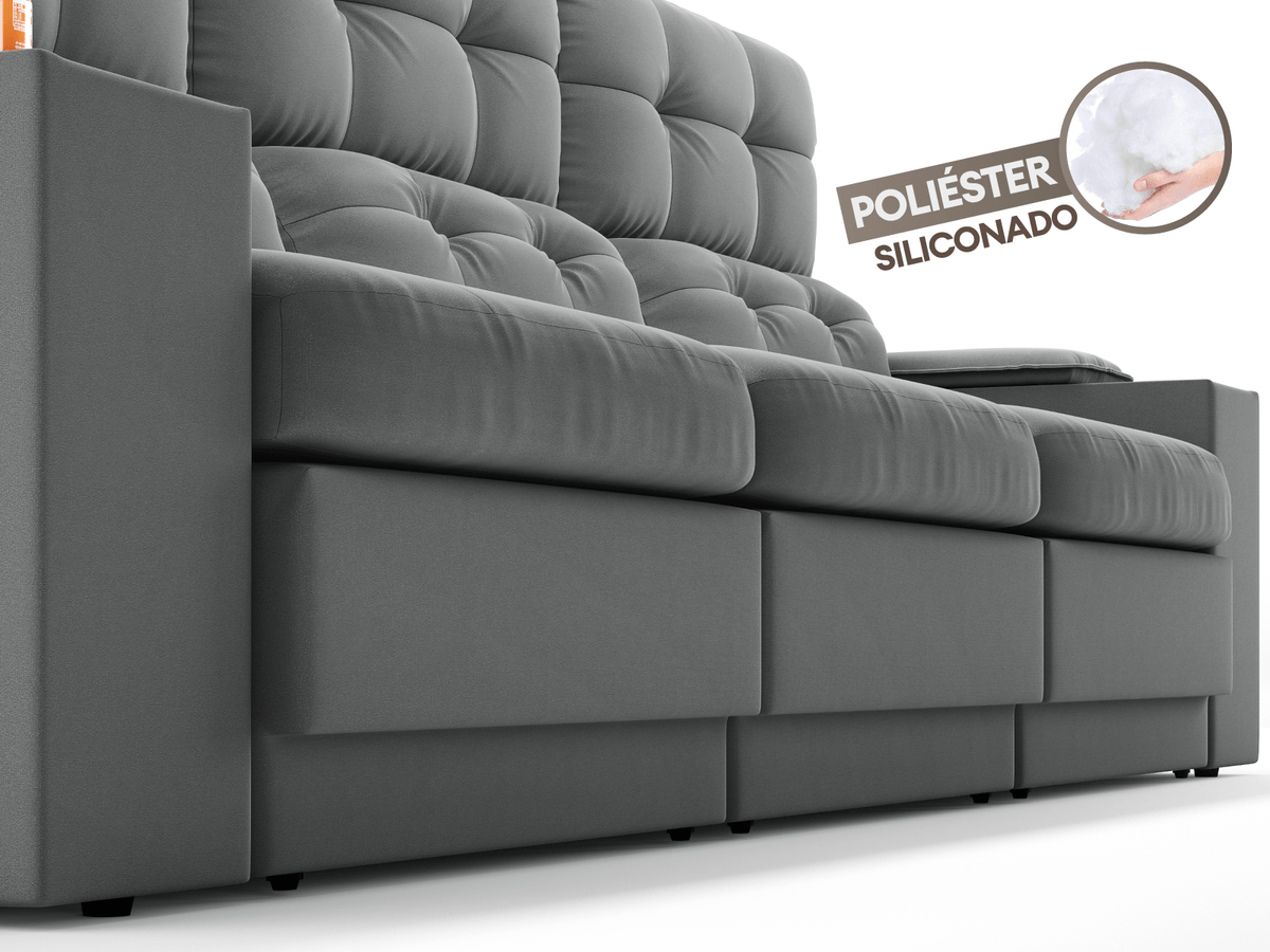 Sofá com Porta Copos e Carregador USB Eureka 2,30m Assento Retrátil e Reclinável Velosuede - Cor Grafite