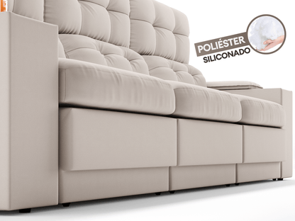 Sofá com Porta Copos e Carregador USB Eureka 2,30m Assento Retrátil e Reclinável Velosuede - Cor Areia