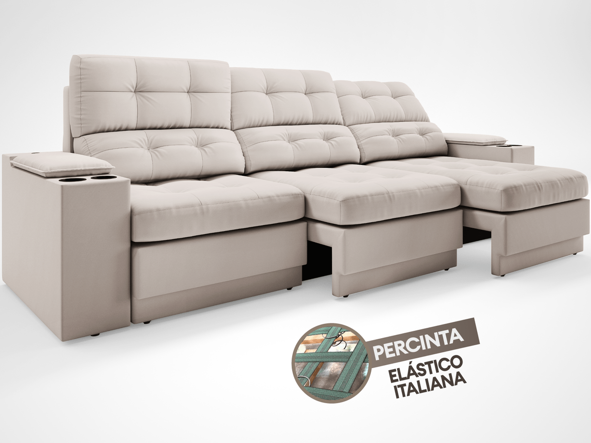 Sofá com Porta Copos e Carregador USB Eureka 2,30m Assento Retrátil e Reclinável Velosuede - Cor Areia