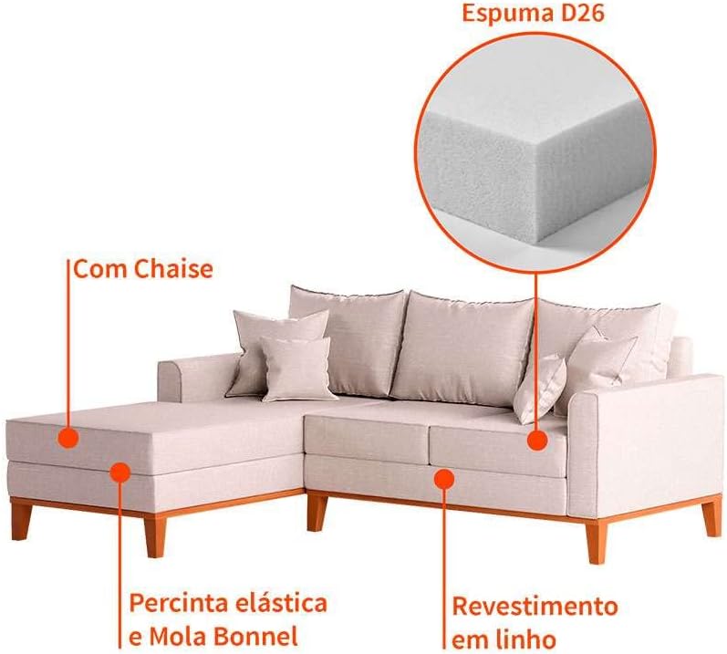 Sofá 3 Lugares Beny Com Chaise Esquerdo Linho Cru