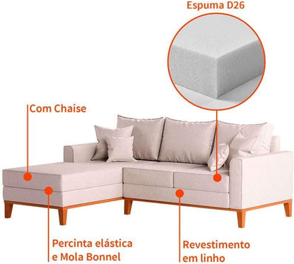 Sofá 3 Lugares Beny Com Chaise Esquerdo Linho Cru