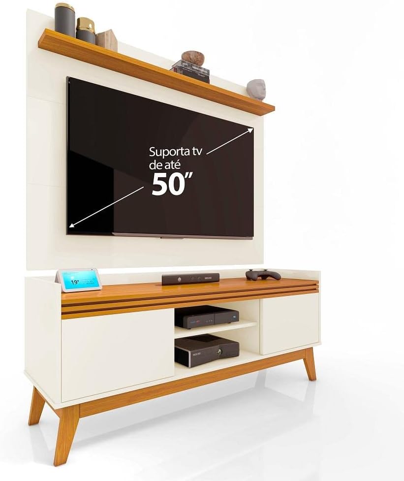 VIANOSSA - Rack ripado 2 Portas com Painel para Tv 50 Polegadas Astúrias 136cm Cor:off White/cedro