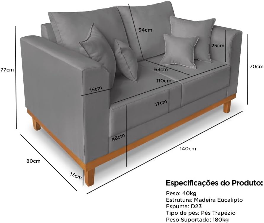 Sofá 2 Lugares Beny Base de Madeira Linho Cotton