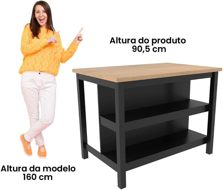 Ilha Cozinha Ditália 2 Prateleiras Preto Cd-1019