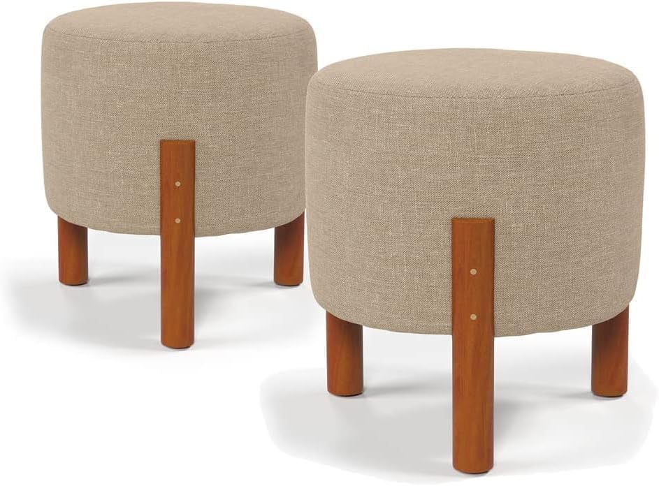 Kit 2 Puff Banquinho Redondo Decorativo Thor em Linho Pés Madeira Maciça Cor Bege