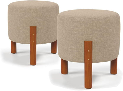 Kit 2 Puff Banquinho Redondo Decorativo Thor em Linho Pés Madeira Maciça Cor Bege