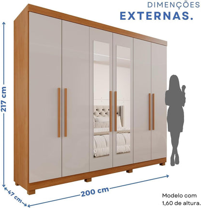 Guarda-roupa Casal 6 Portas 3 Gavetas com Espelho com Pés Roma Espresso Móveis Cinamomo/Off White