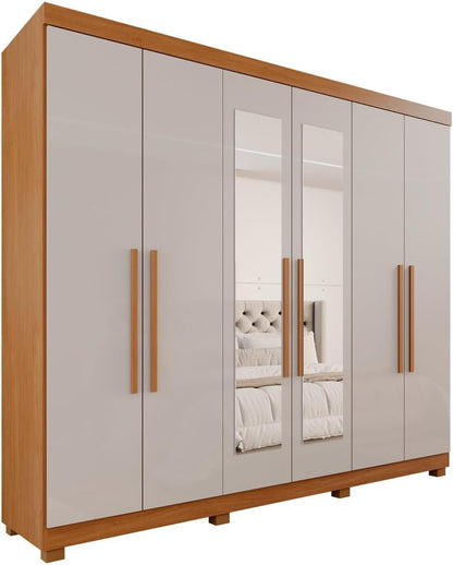 Guarda-roupa Casal 6 Portas 3 Gavetas com Espelho com Pés Roma Espresso Móveis Cinamomo/Off White