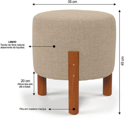 Kit 2 Puff Banquinho Redondo Decorativo Thor em Linho Pés Madeira Maciça Cor Bege