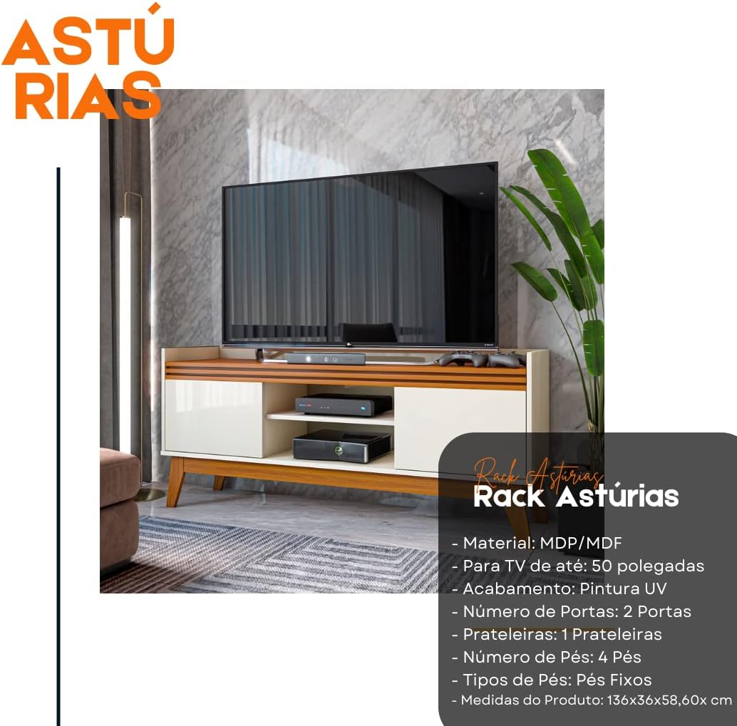 Rack para Tv até 50 Polegadas 2 Portas Ripado Astúrias 136cm Cor:off White/cedro