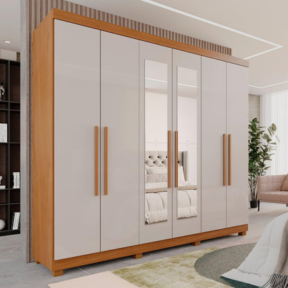 Guarda-roupa Casal 6 Portas 3 Gavetas com Espelho com Pés Roma Espresso Móveis Cinamomo/Off White