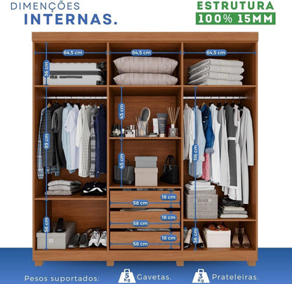 Guarda-roupa Casal 6 Portas 3 Gavetas com Espelho com Pés Roma Espresso Móveis Cinamomo/Off White