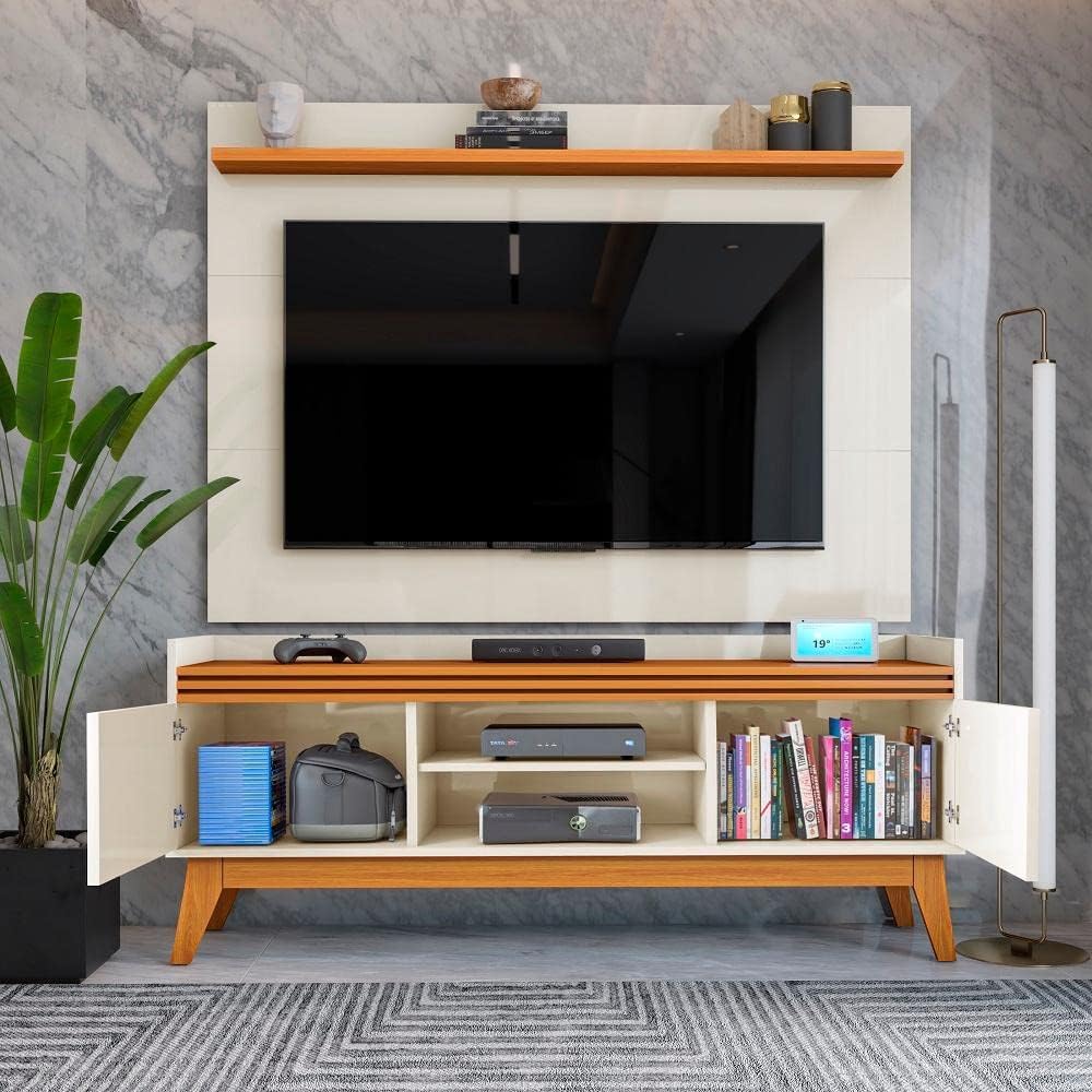 VIANOSSA - Rack ripado 2 Portas com Painel para Tv 50 Polegadas Astúrias 136cm Cor:off White/cedro
