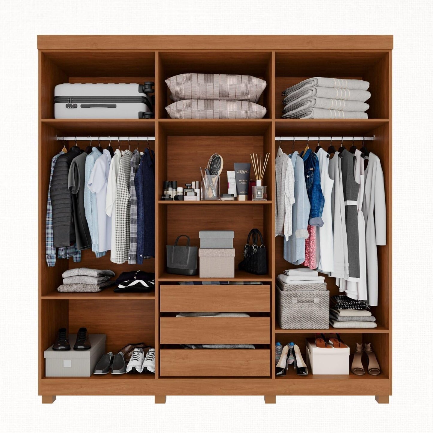 Guarda-roupa Casal 6 Portas 3 Gavetas com Espelho com Pés Roma Espresso Móveis Cinamomo/Off White