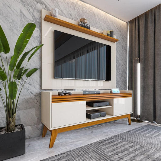 VIANOSSA - Rack ripado 2 Portas com Painel para Tv 50 Polegadas Astúrias 136cm Cor:off White/cedro