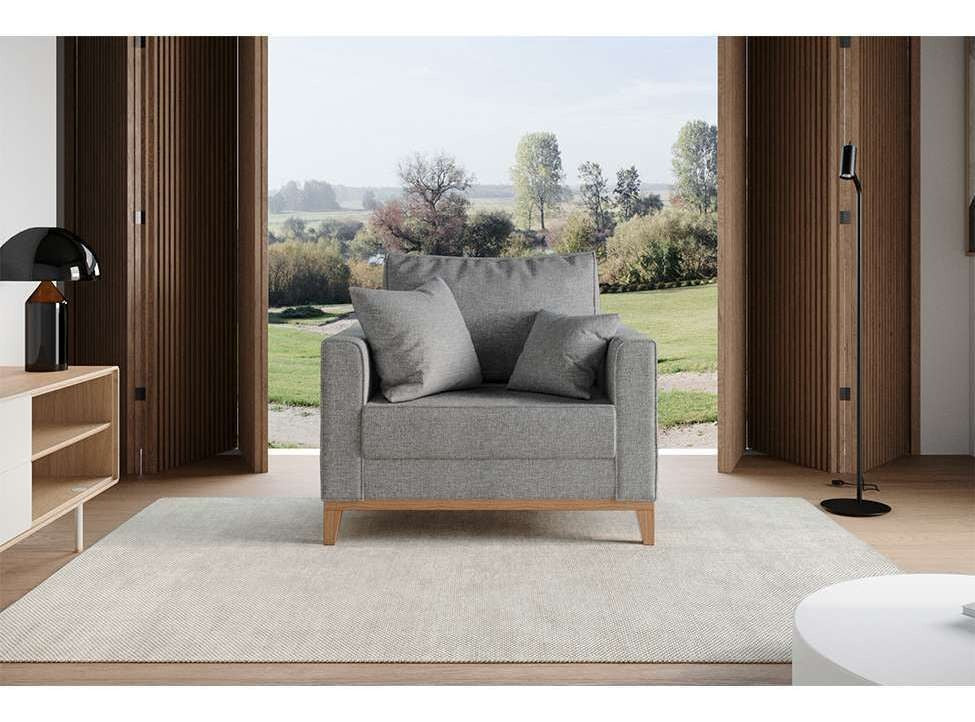 Poltrona Mobly Beny Pés E Base Em Madeira Linho Cotton Cinza