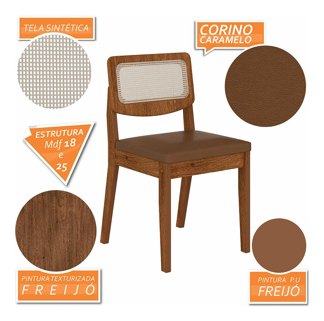 Mesa 4 Cadeiras Redonda C/vidro Santorini Fre/off/caramelo Cor Freijó/off Pre/corino Caramelo