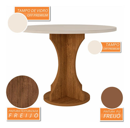 Mesa 4 Cadeiras Redonda C/vidro Santorini Fre/off/caramelo Cor Freijó/off Pre/corino Caramelo