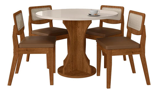 Mesa 4 Cadeiras Redonda C/vidro Santorini Fre/off/caramelo Cor Freijó/off Pre/corino Caramelo