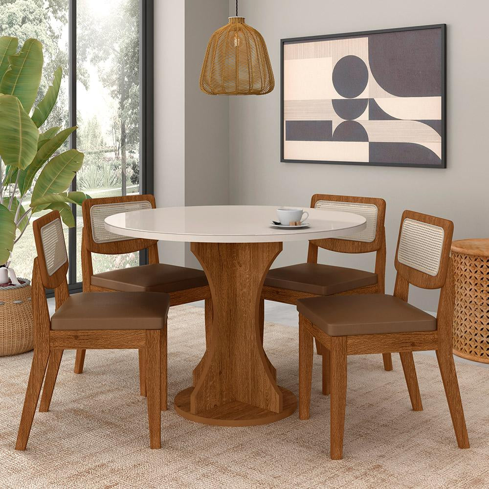 Mesa 4 Cadeiras Redonda C/vidro Santorini Fre/off/caramelo Cor Freijó/off Pre/corino Caramelo