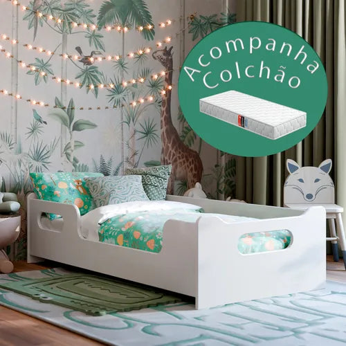 Mini Cama Infantil Montessoriana Encanto Para Quarto De Criança Menina E Menino Com Colchão E Proteção Lateral Cor Branco