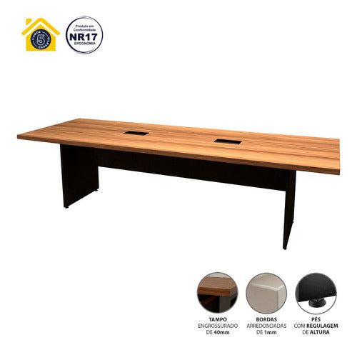 Mesa De Reunião 8 Pessoas 2,70m Nogal 2 Caixas De Tomadas F5