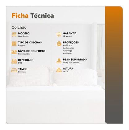 Colchão Solteiro Washington Espuma D23 Liso 88x188x14cm