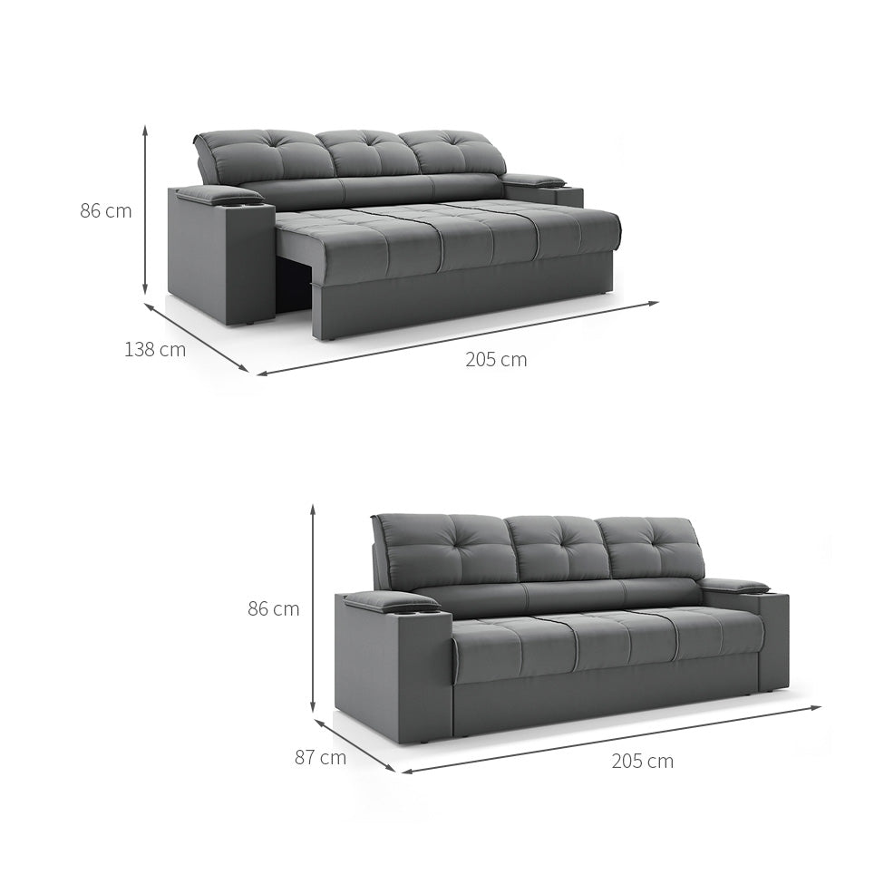 Sofá 3 Lugares Retrátil e Reclinável Tom com Porta-Copos Velosuede 2,05m