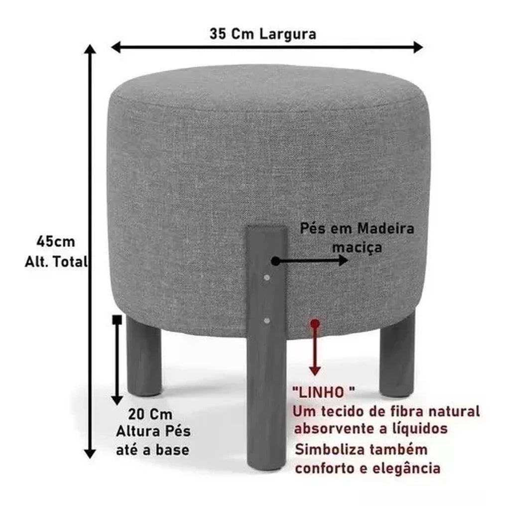Kit 2 Puff Banquinho Redondo Decorativo Thor em Linho Pés Madeira Maciça Cor Bege