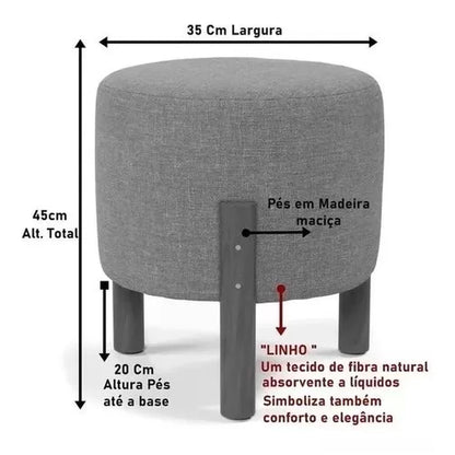 Kit 2 Puff Banquinho Redondo Decorativo Thor em Linho Pés Madeira Maciça Cor Bege