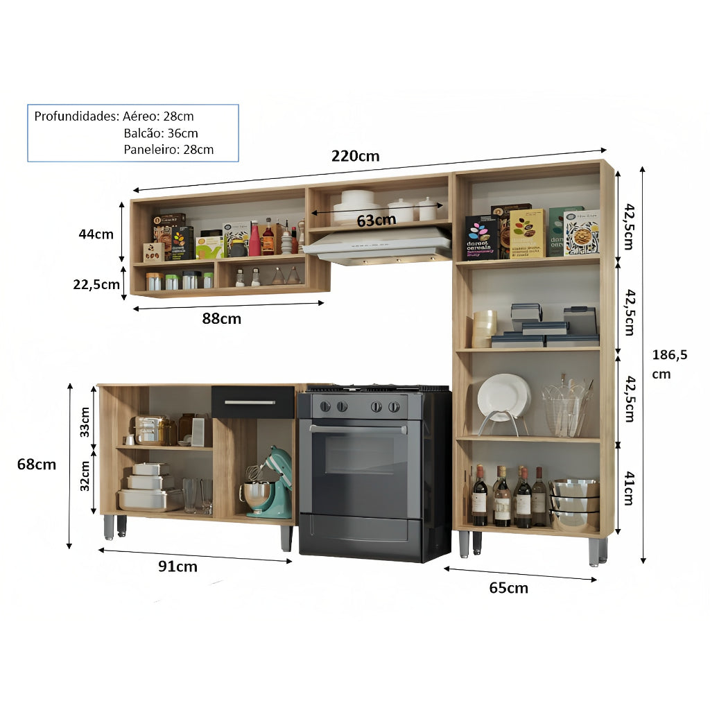 Armário Cozinha Estrela 9 Portas 1 Gaveta Com Balcão