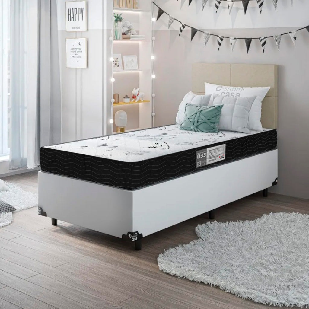 Cama Box Solteiro + Colchão D33 One Face - Couro Branco