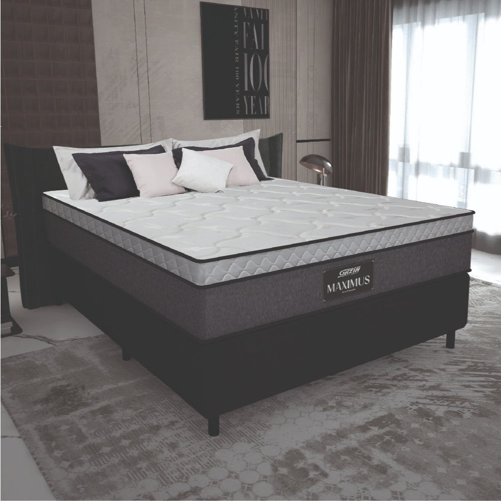 Cama Box Casal Colchão Molas Ensacadas Pillow Maximus 138x188x62cm Cinza / Preto Gazin