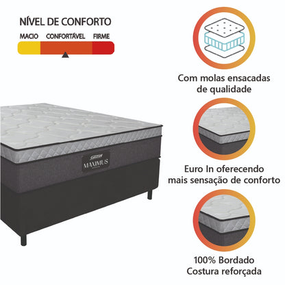 Cama Box Casal Colchão Molas Ensacadas Pillow Maximus 138x188x62cm Cinza / Preto Gazin