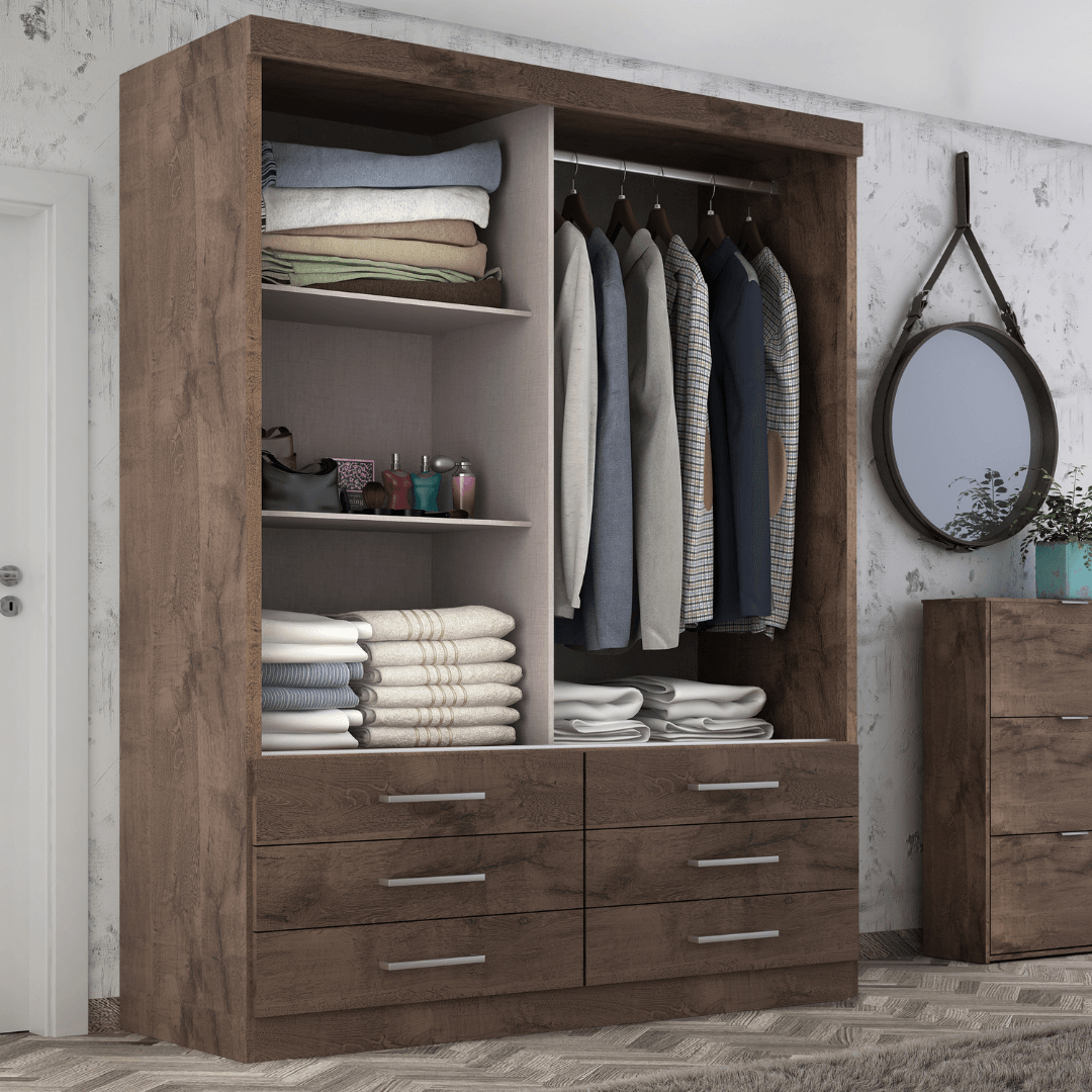 Guarda Roupa Solteiro Capri 2 Portas 6 Gavetas com Espelho