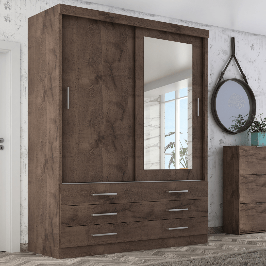 Guarda Roupa Solteiro Capri 2 Portas 6 Gavetas com Espelho