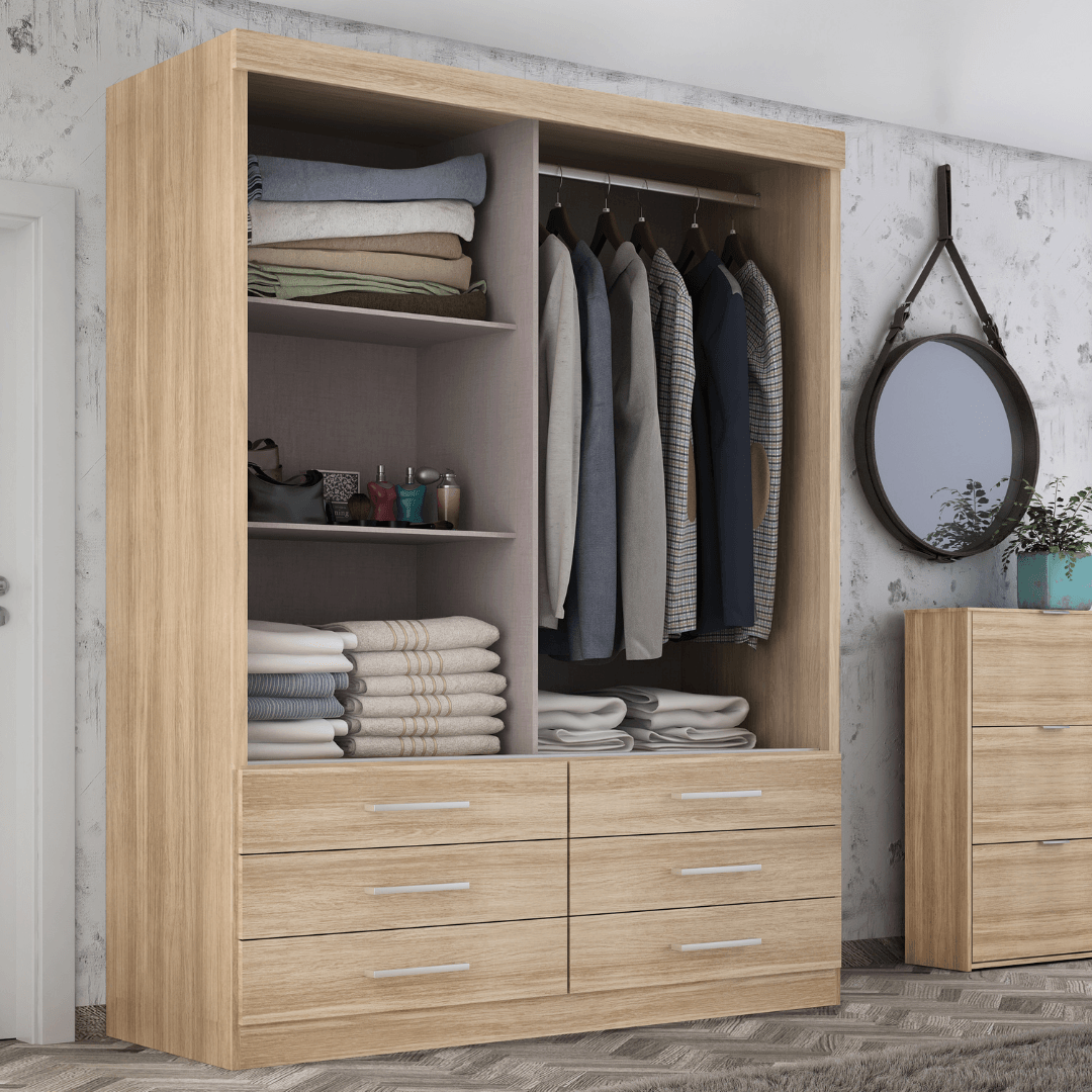 Guarda Roupa Solteiro Capri 2 Portas 6 Gavetas com Espelho