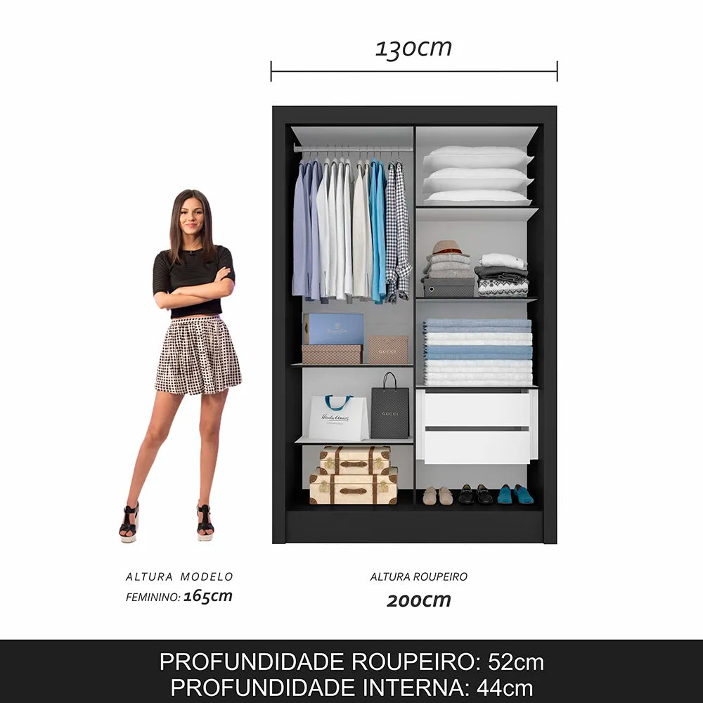 Guarda Roupa Solteiro Nanda 2 Portas De Correr Preto Fosco