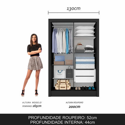 Guarda Roupa Solteiro Nanda 2 Portas De Correr Preto Fosco