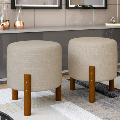 Kit 2 Puff Banquinho Redondo Decorativo Thor em Linho Pés Madeira Maciça Cor Bege